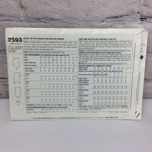 Simplicity Cynthia Rowley Sewing Pattern 2593 Womens Top/Headband Sz 14-22 Uncut - Picture 2 of 5